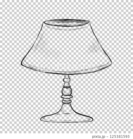 Sketch of a table lamp featuring a conical lampshade with subtle shading lines 125381593