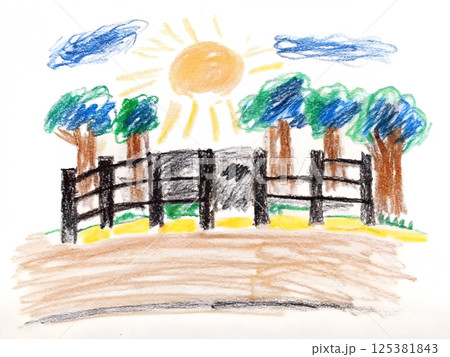 Rural Sunset Artwork: A captivating drawing depicts a rustic landscape, featuring a sturdy wooden fence, verdant trees, and a radiant sun casting its warm glow over the scene. Rural Sunset Artwork: A captivating drawing depicts a rustic landscape, featuring a sturdy wooden fence, verdant trees, and a radiant sun casting its warm glow over the scene. 125381843