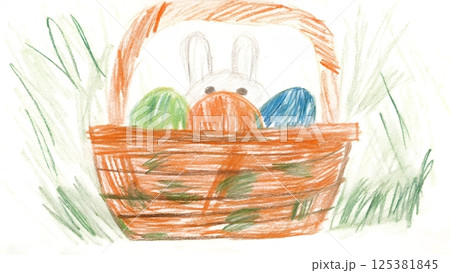 Easter Basket Illustration: A whimsical illustration captures the essence of Easter with a charming basket brimming with colorful eggs, the bunny peeking out in an imaginative and playful scene. Easter Basket Illustration: A whimsical illustration captures the essence of Easter with a charming basket brimming with colorful eggs, the bunny peeking out in an imaginative and playful scene. 125381845