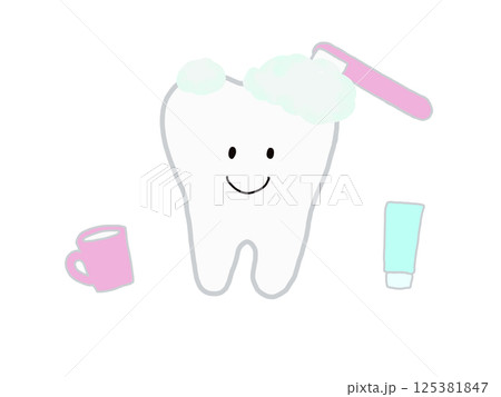 歯磨き:歯・歯ブラシ・コップ:健康で元気な歯のイラスト・ピンク・主線あり 歯磨き:歯・歯ブラシ・コップ:健康で元気な歯のイラスト・ピンク・主線あり 125381847
