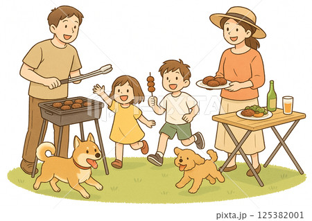 バーベキューをする家族 バーベキューをする家族 125382001