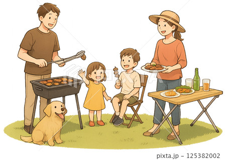 バーベキューをする家族のイラスト素材 125382002