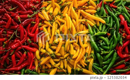 A vibrant assortment of red, yellow, and green chili peppers, arranged in a striking color pattern at a market. 125382034