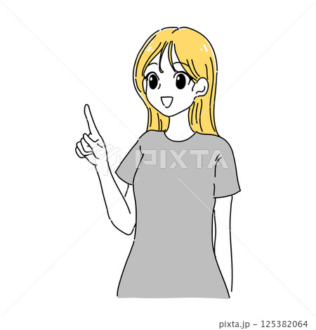 漫画テイストな指を差す女性のイラスト(イエロー×グレー)	 125382064