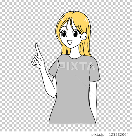漫画テイストな指を差す女性のイラスト(イエロー×グレー)	 125382064