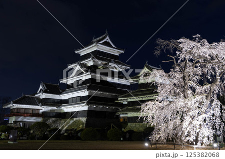 ライトアップされた夜の松本城と満開の桜 ライトアップされた夜の松本城と満開の桜 125382068