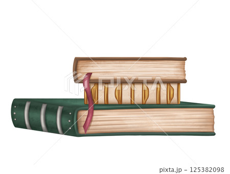 Pile of vintage antique historical books with aged pages. Decoration with gold metal in vintage gothic old victorian design. Archive, Royal library, ornament cover. Illustration on white background Pile of vintage antique historical books with aged pages. Decoration with gold metal in vintage gothic old victorian design. Archive, Royal library, ornament cover. Illustration on white background 125382098