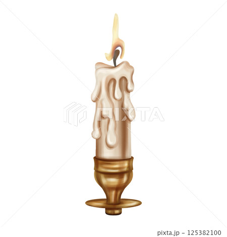 Golden metal candelabra with a long burning candle. Decoration in victorian gothic old victorian design. Research archive, Royal library. Handmade illustration on white background 125382100