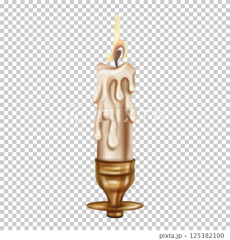 Golden metal candelabra with a long burning candle. Decoration in victorian gothic old victorian design. Research archive, Royal library. Handmade illustration on white background 125382100
