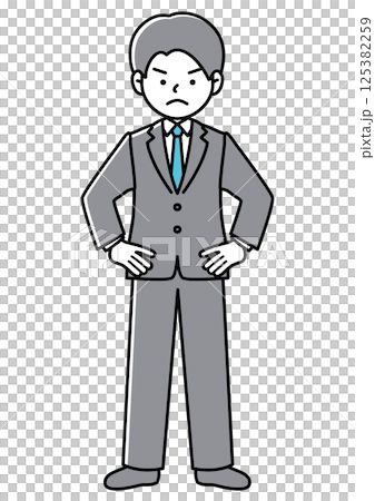 手を腰に当てて反対意見をアピールするビジネスマンの正面向きベクターイラスト 手を腰に当てて反対意見をアピールするビジネスマンの正面向きベクターイラスト 125382259