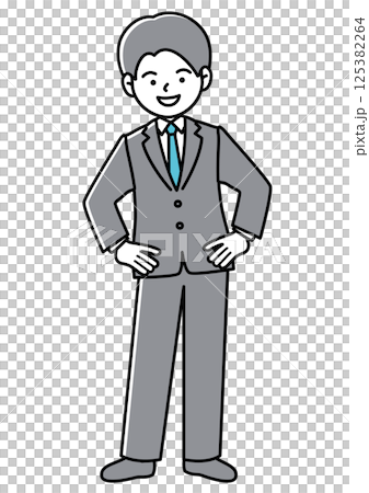 手を腰に当てて笑顔でこちらを見ているビジネスマンの正面向きベクターイラスト 手を腰に当てて笑顔でこちらを見ているビジネスマンの正面向きベクターイラスト 125382264