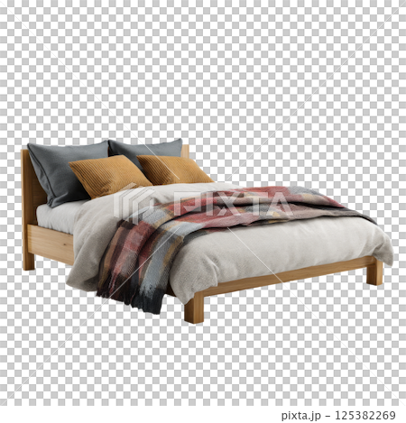 Double bed with plaid blanket and pillows 125382269