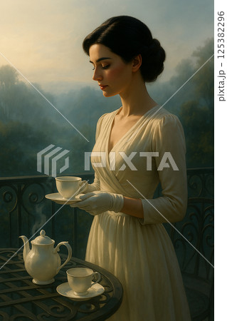 静かな朝に紅茶をたしなむ女性 ─ 優雅な時間と気品ある佇まい 125382296