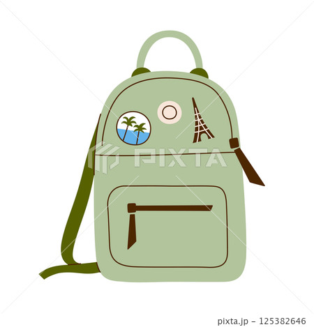 Stylish womens backpack decorated with travel themed pins, Eiffel Tower icon and tropical beach patch.Vector illustration for solo adventures and summer vacations, wander and adventure 125382646