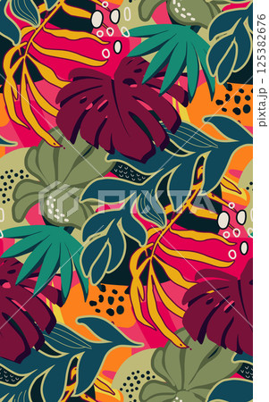 Bright vector seamless pattern with colorful tropical plants and flowers, palm leaves. Cute botanical abstract contemporary endless background. 125382676