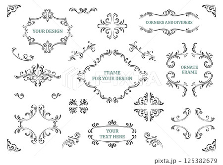 Set of decorative elements for design. Hand drawn ornate frames, borders, dividers. Vintage vector collection. Set of decorative elements for design. Hand drawn ornate frames, borders, dividers. Vintage vector collection. 125382679