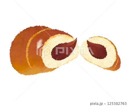 半分にちぎったチョコクリームたっぷりコルネ_クレヨンタッチ 125382763