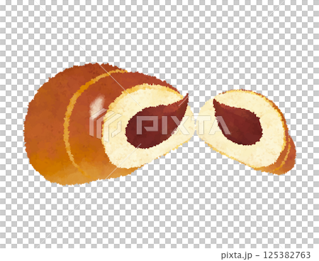 半分にちぎったチョコクリームたっぷりコルネ_クレヨンタッチ 125382763