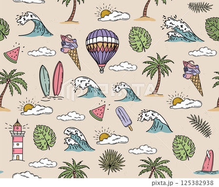Summer pattern with surfboard and wave, hand drawn illustration. Summer pattern with surfboard and wave, hand drawn illustration. 125382938