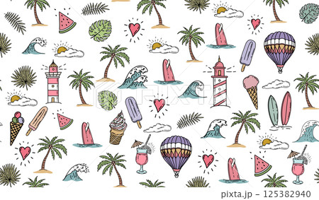 Summer pattern with surfboard and wave, hand drawn illustration.	 125382940