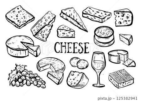 Cheese collection. Set of ink sketches. Hand drawn	 125382941