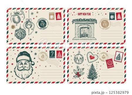 Postcard, Christmas mail with house and tree, hand drawn illustration.	 125382979
