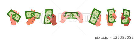 Set of hand holding a dollar bill. Finance, investment, business concept. Vector illustration. Set of hand holding a dollar bill. Finance, investment, business concept. Vector illustration. 125383055