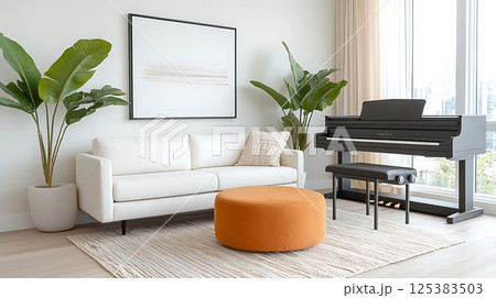 piano with sofa and green plants 125383503