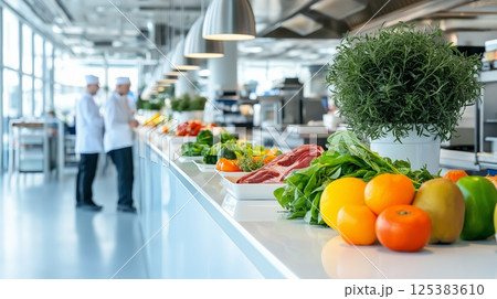 Bright commercial kitchen with fresh ingredients and chefs in white coats 125383610