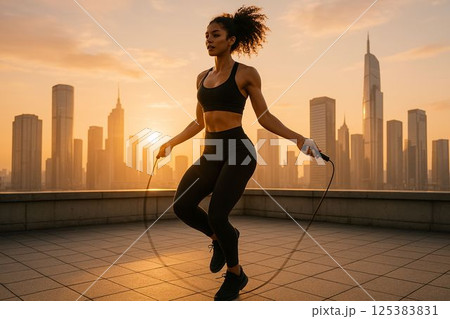 Energetic woman doing jump rope on rooftop during urban sunrise Energetic woman doing jump rope on rooftop during urban sunrise 125383831