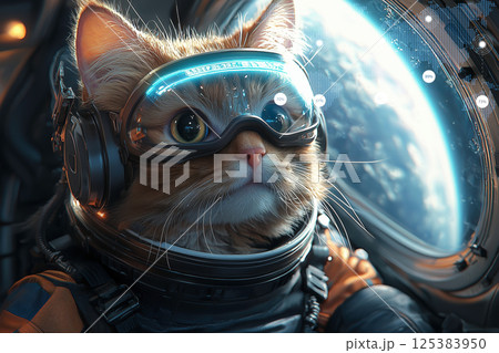 宇宙服を着た猫と宇宙から見た地球とインターフェース 125383950