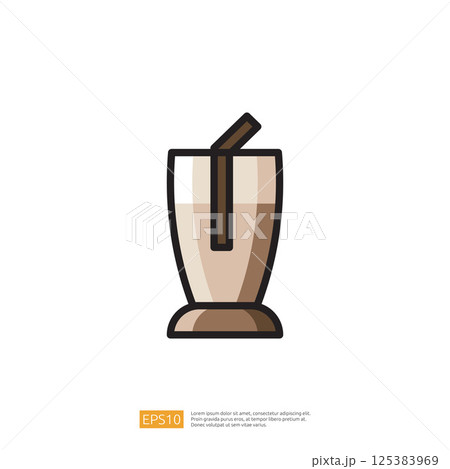 Cold Refreshing Coffee Beverage Icon in Minimalist Style Featuring Creamy Texture and Smooth Shape with a Straw Emerging from Tall Glass 125383969