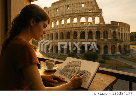Woman sketching Colosseum with coffee in cozy Roman cafe Woman sketching Colosseum with coffee in cozy Roman cafe 125384177