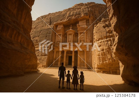 Family at Petra's Treasury casting long shadows in canyon entrance Family at Petra's Treasury casting long shadows in canyon entrance 125384178