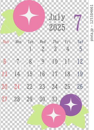 2025 年 7 月的簡單月曆資料，帶有牽牛花插圖 125384661