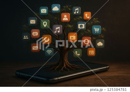 Tree of knowledge grows from smartphone, branches made of apps 125384781