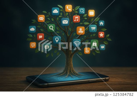 Tree of knowledge grows from smartphone, branches made of apps 125384782