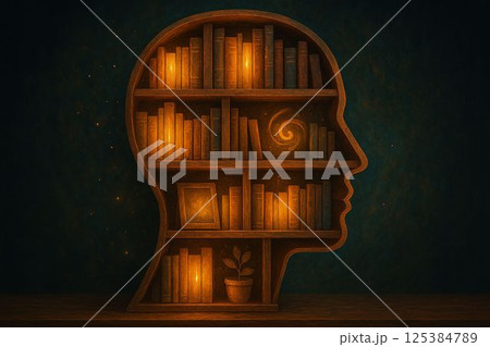 Bookshelf shaped like human head filled with glowing books 125384789