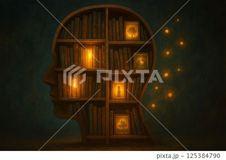 Bookshelf shaped like human head filled with glowing books 125384790