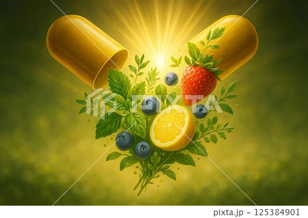 Pill capsule opens mid-air with fruit, herbs, and light 125384901