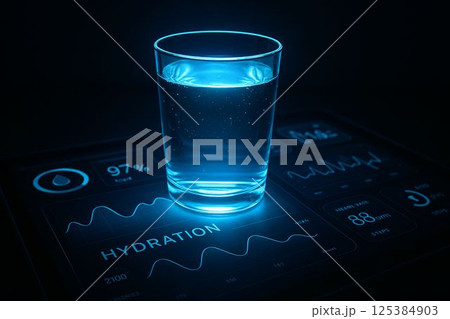 Glowing water glass on smart wellness dashboard in light 125384903