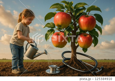 Child waters apple tree growing from stethoscope in soil 125384910