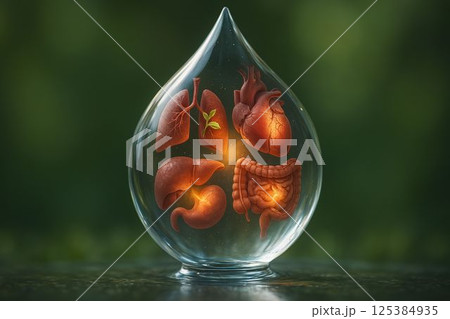 Water droplet reveals healing body organs inside, photoreal metaphor 125384935