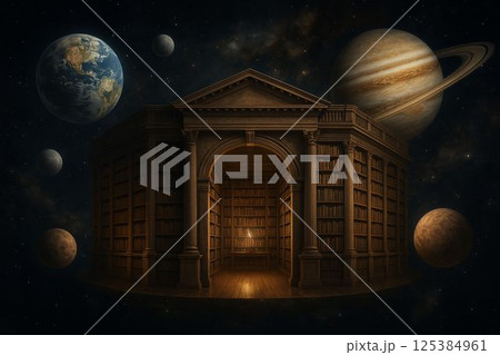 Library floats in outer space with planets orbiting knowledge 125384961