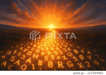 Path of glowing letters and numbers leads toward sunrise 125384962