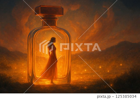 Woman Enclosed in Glowing Perfume Bottle Amid Surreal Sunset Landscape Woman Enclosed in Glowing Perfume Bottle Amid Surreal Sunset Landscape 125385034