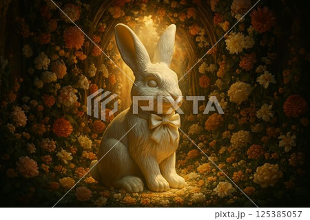White Chocolate Easter Bunny in Glowing Floral Cathedral 125385057
