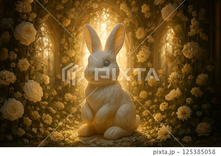 White Chocolate Easter Bunny in Glowing Floral Cathedral 125385058