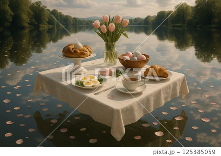 Elegant Easter Brunch Table Hovering Above Reflective Lake 125385059