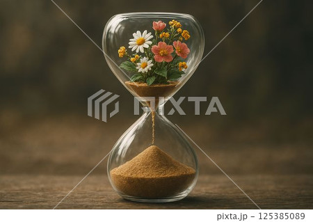 Hourglass with Sand and Blooming Flowers, Symbol of Nature's Time 125385089